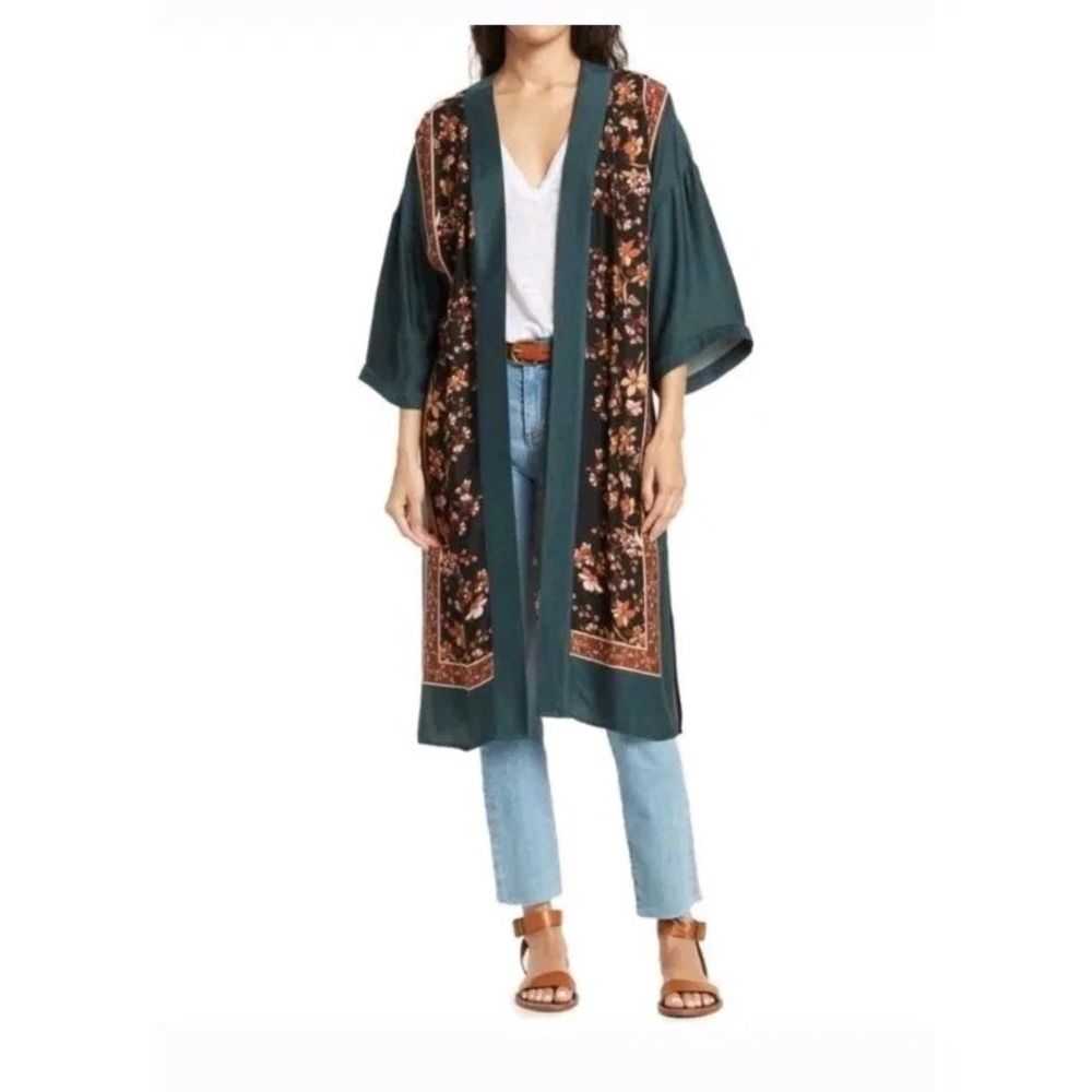 NWOT Daniel Rainn DR2 Kimono Womens‎ size XS/S Green Floral Cardigan Cover Up